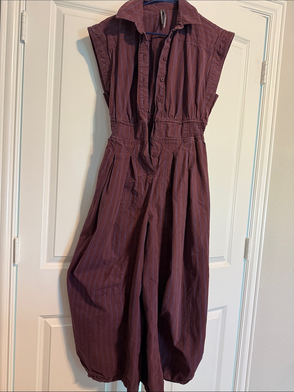 Anthropologie Sleeveless Button-Front Jumpsuit in Plum Stripe
